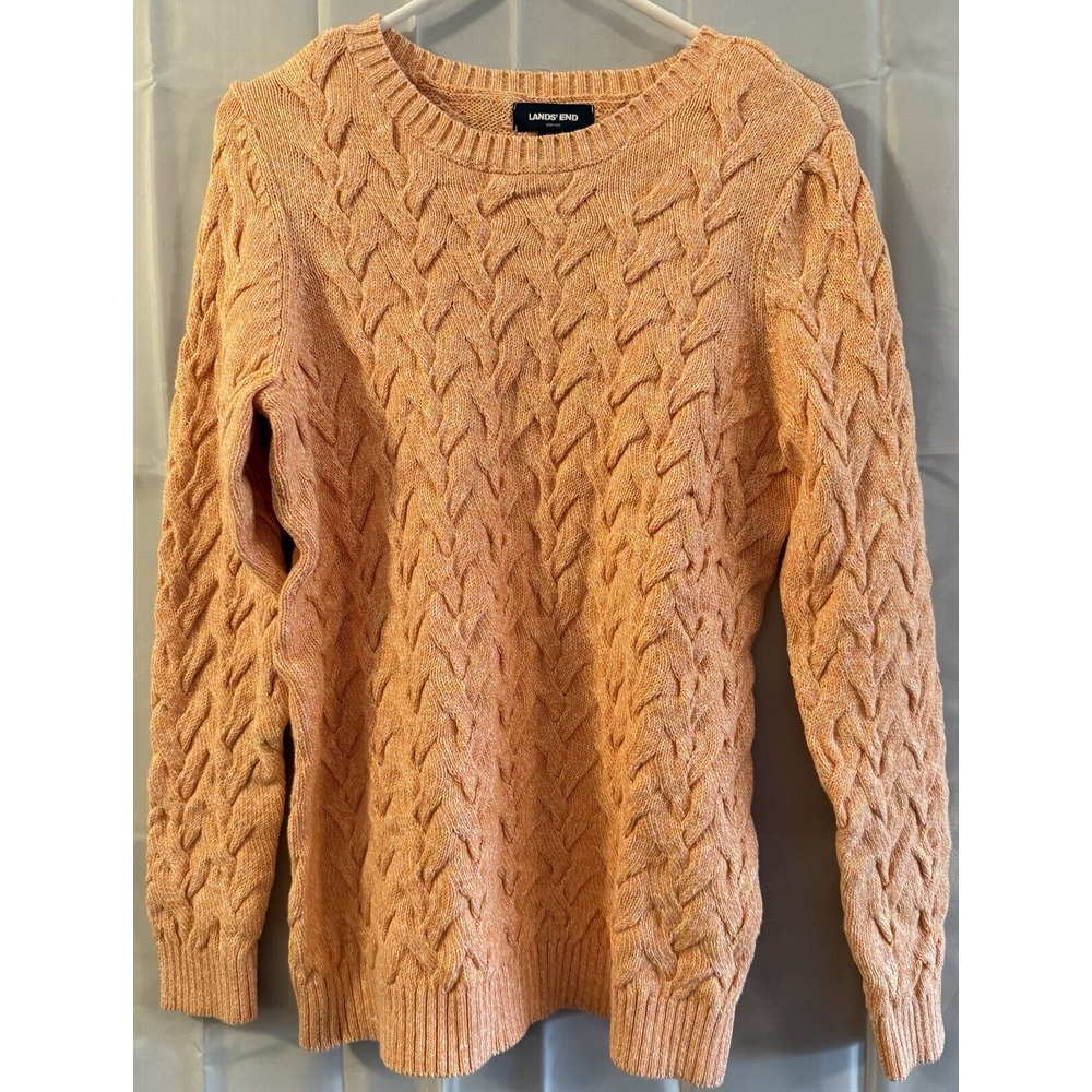 Lands End Drifter Orange Yellow Cableknit Womens Sweater M 10/12 Warm EUC